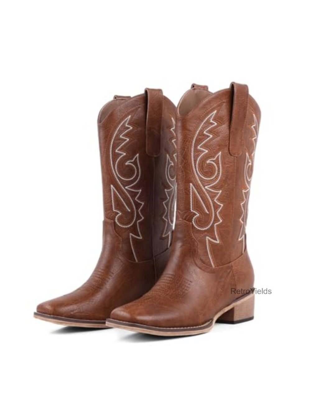Women's Mid-Calf Western Cowboy Boots Faux Leather Embroidered